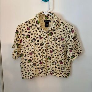 Hot Topic Cream Shirt with Mushroom and Frog Print Boxy Top